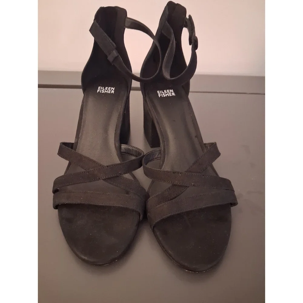 Eileen Fisher Womens Black Suede Block Heel Ankle Strap Sandals Size 11